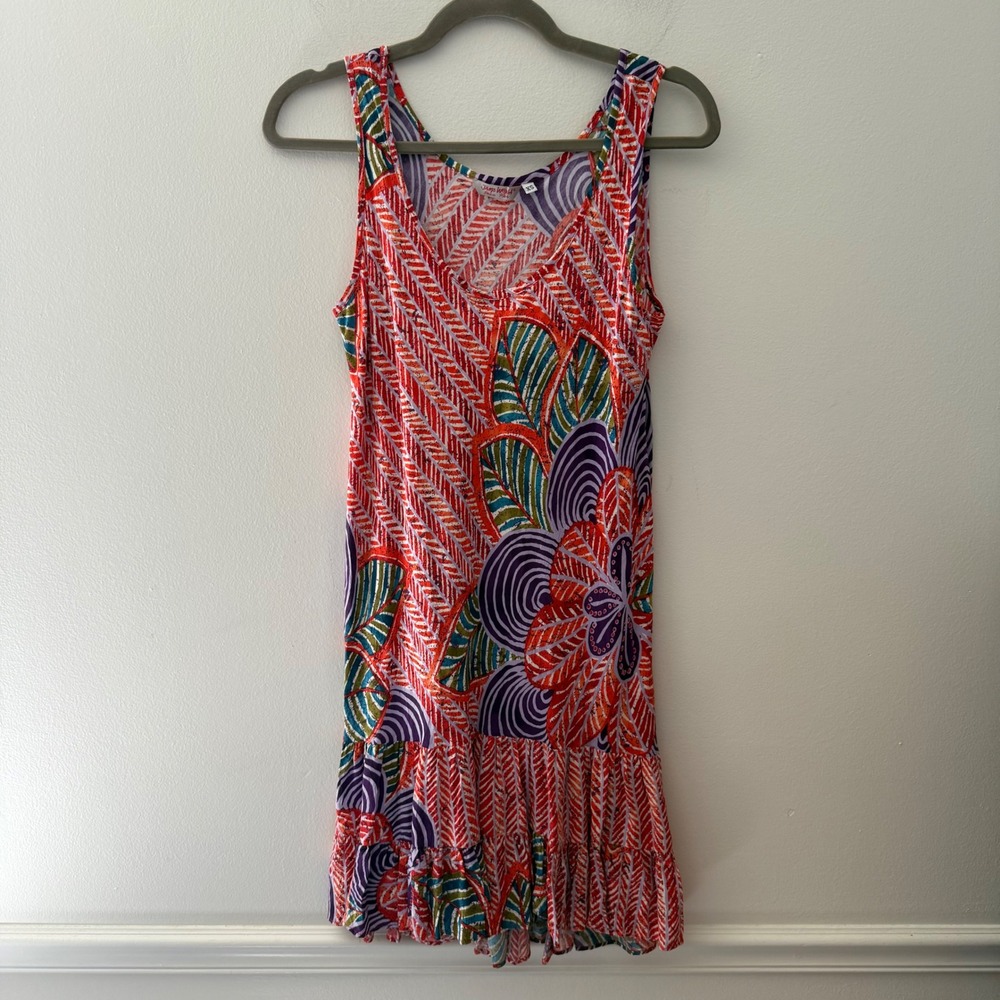 Jams World Passion Print Rayon Mini Dress XS Red Purple Tropical Made in Hawaii